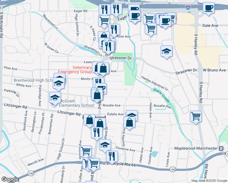 map of restaurants, bars, coffee shops, grocery stores, and more near 8752 Bridgeport Avenue in Brentwood