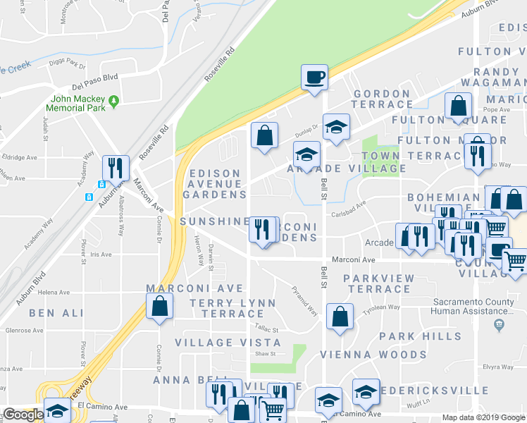 map of restaurants, bars, coffee shops, grocery stores, and more near 3028 Howe Avenue in Sacramento