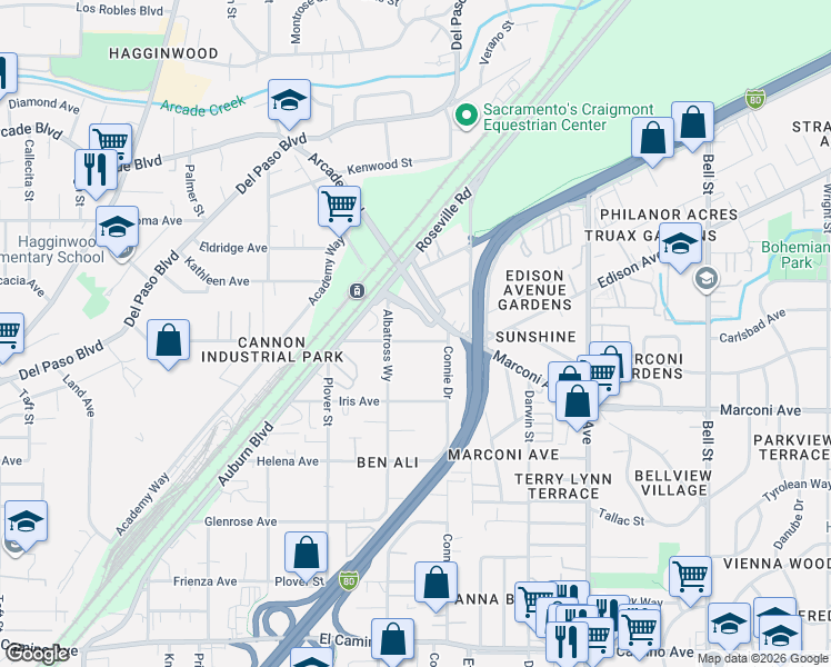 map of restaurants, bars, coffee shops, grocery stores, and more near 1923 Juliesse Avenue in Sacramento