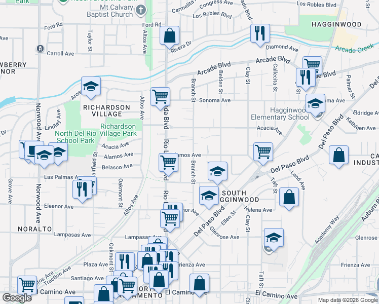 map of restaurants, bars, coffee shops, grocery stores, and more near 969 Alamos Avenue in Sacramento