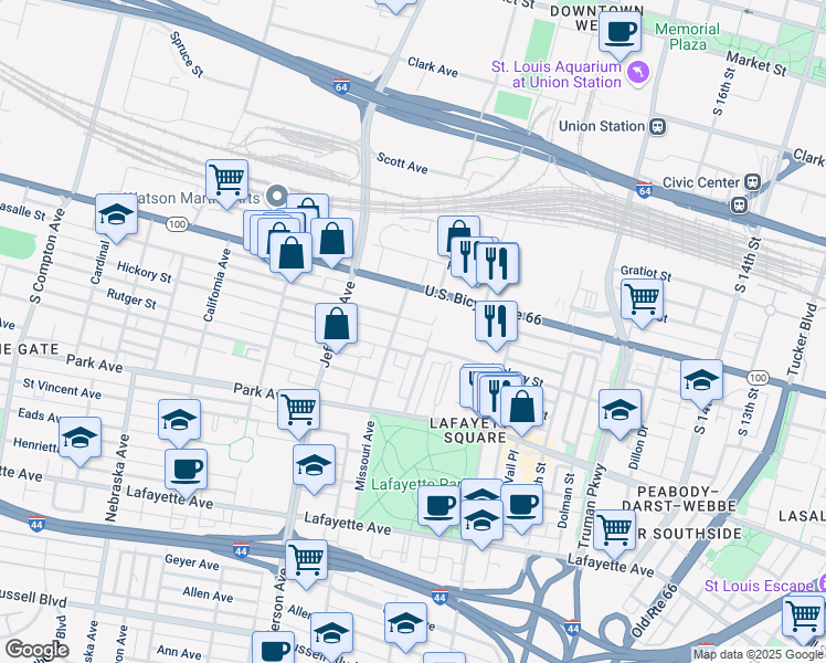 map of restaurants, bars, coffee shops, grocery stores, and more near 1116 Missouri Avenue in St. Louis