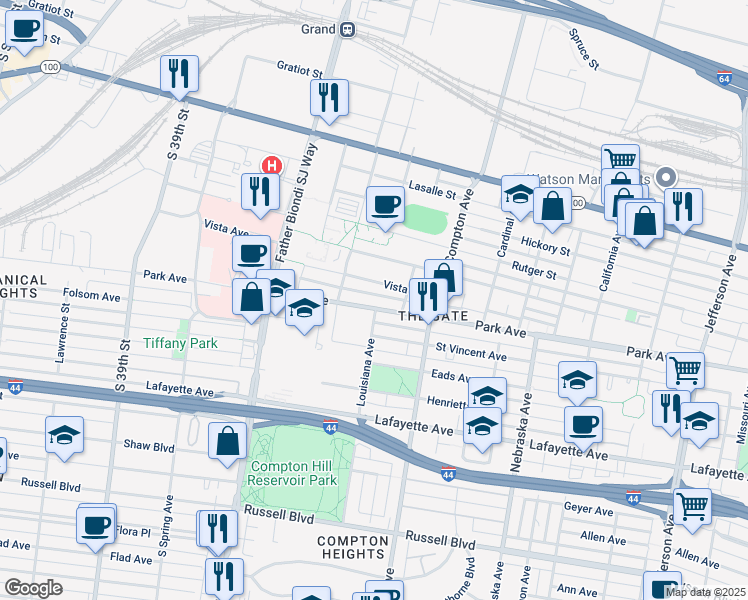 map of restaurants, bars, coffee shops, grocery stores, and more near 3331 Park Avenue in St. Louis