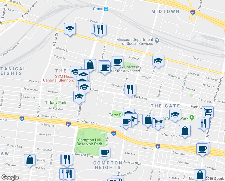 map of restaurants, bars, coffee shops, grocery stores, and more near 3331 Park Avenue in St. Louis