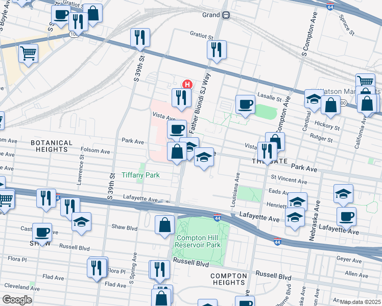 map of restaurants, bars, coffee shops, grocery stores, and more near 1500 South Grand Boulevard in St. Louis