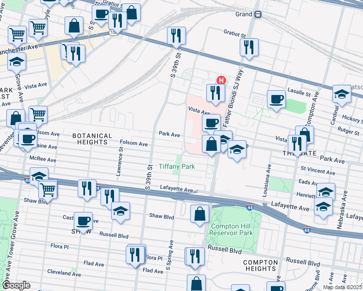 map of restaurants, bars, coffee shops, grocery stores, and more near 3679 Folsom Avenue in St. Louis