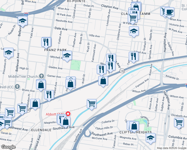 map of restaurants, bars, coffee shops, grocery stores, and more near 2010 Schaeffer Place in St. Louis