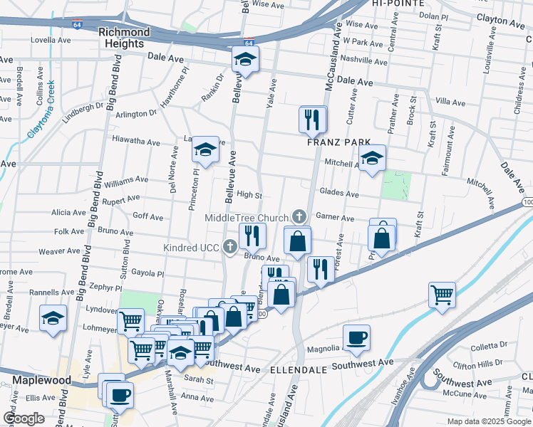 map of restaurants, bars, coffee shops, grocery stores, and more near 2045 Blendon Place in Maplewood