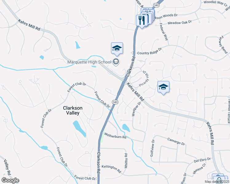 map of restaurants, bars, coffee shops, grocery stores, and more near 16003 Clarkson Mill Circle in Chesterfield