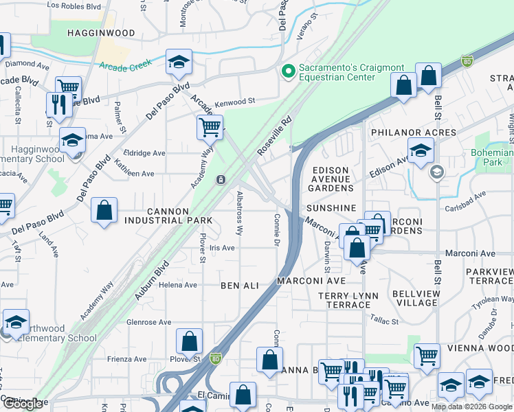 map of restaurants, bars, coffee shops, grocery stores, and more near 1923 Juliesse Avenue in Sacramento