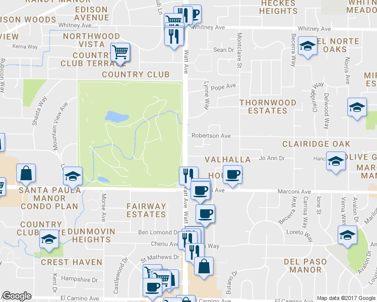 map of restaurants, bars, coffee shops, grocery stores, and more near 3040 Watt Avenue in Sacramento
