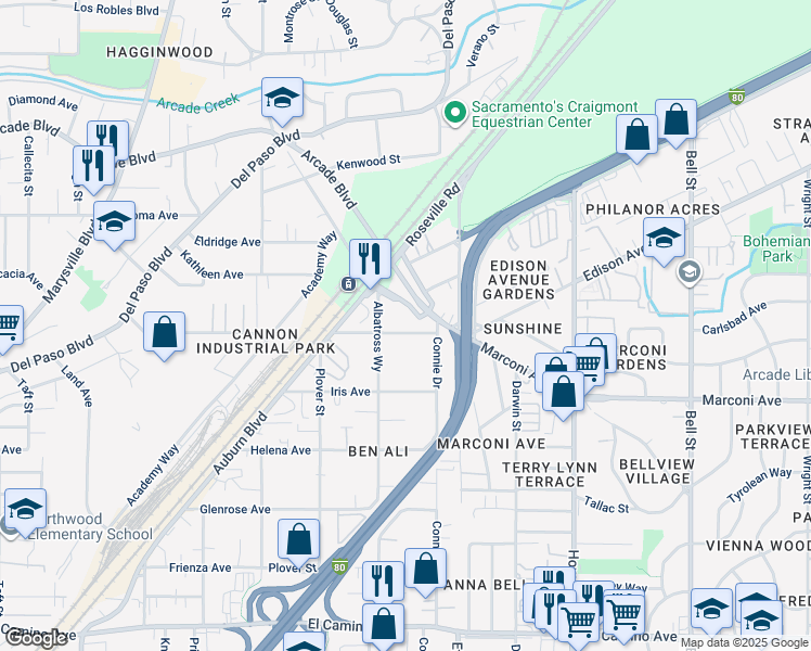 map of restaurants, bars, coffee shops, grocery stores, and more near 1923 Juliesse Avenue in Sacramento