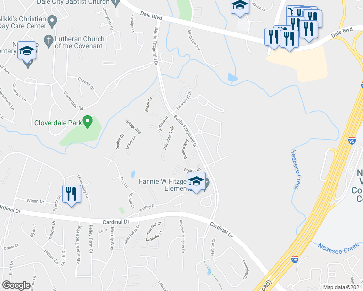 map of restaurants, bars, coffee shops, grocery stores, and more near 15326 Bronco Way in Woodbridge