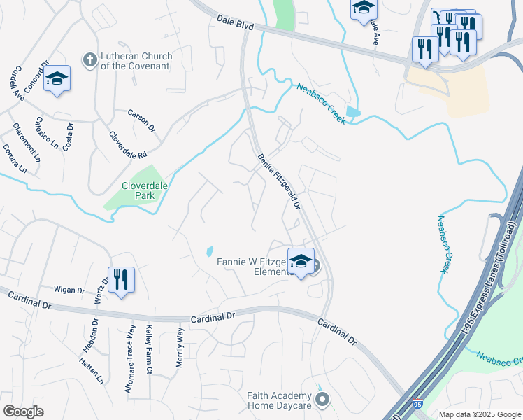 map of restaurants, bars, coffee shops, grocery stores, and more near 15313 Barnabas Trail in Woodbridge