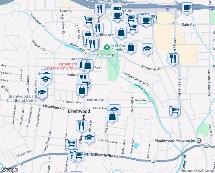 map of restaurants, bars, coffee shops, grocery stores, and more near 8720 Bridgeport Avenue in Brentwood
