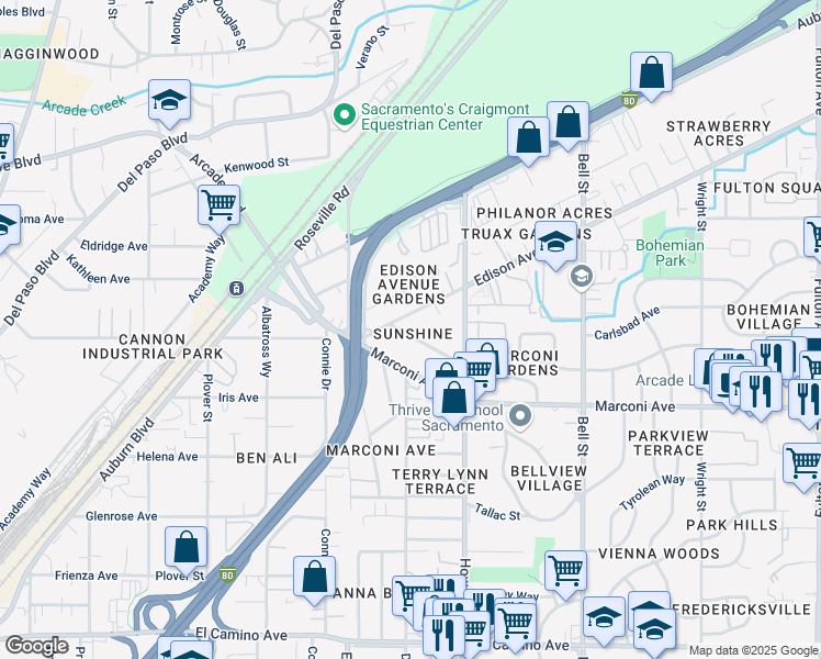 map of restaurants, bars, coffee shops, grocery stores, and more near 2013 Juliesse Avenue in Sacramento