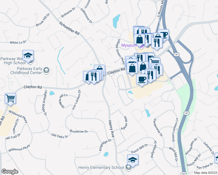 map of restaurants, bars, coffee shops, grocery stores, and more near 780 Savannah Crossing Way in Chesterfield