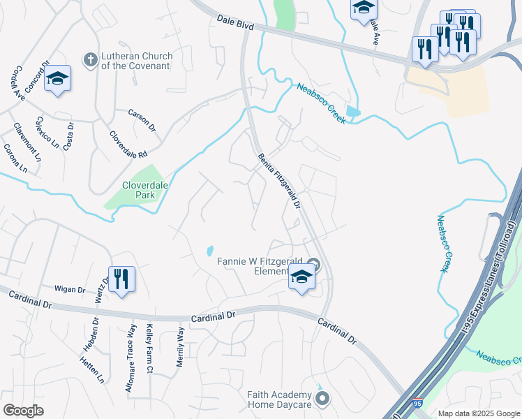 map of restaurants, bars, coffee shops, grocery stores, and more near 15313 Barnabas Trail in Woodbridge
