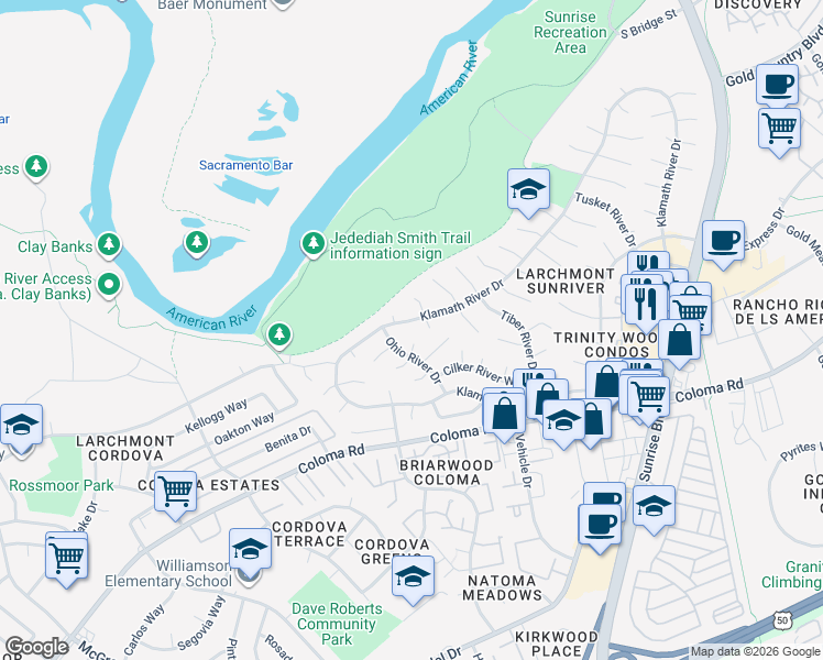 map of restaurants, bars, coffee shops, grocery stores, and more near 1768 Klamath River Drive in Rancho Cordova