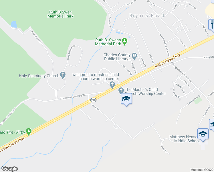map of restaurants, bars, coffee shops, grocery stores, and more near 3160 Green Meadows Drive in Indian Head
