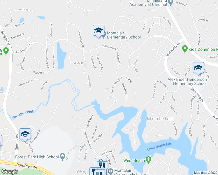 map of restaurants, bars, coffee shops, grocery stores, and more near 15303 Waters Edge Court in Montclair