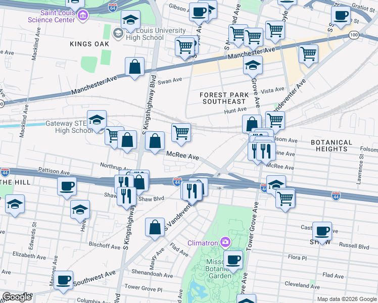 map of restaurants, bars, coffee shops, grocery stores, and more near 4591 McRee Avenue in St. Louis