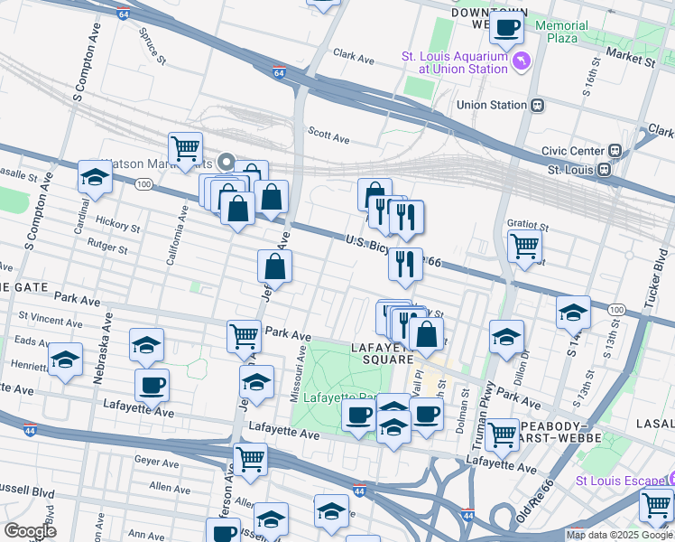 map of restaurants, bars, coffee shops, grocery stores, and more near 1116 Missouri Avenue in St. Louis