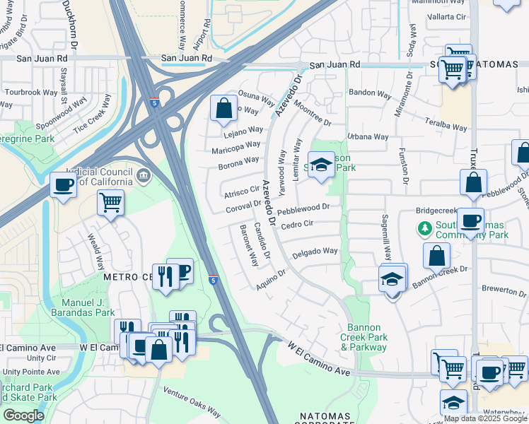 map of restaurants, bars, coffee shops, grocery stores, and more near 2939 Azevedo Drive in Sacramento