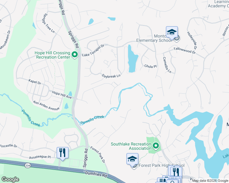 map of restaurants, bars, coffee shops, grocery stores, and more near 15333 Wits End Drive in Woodbridge