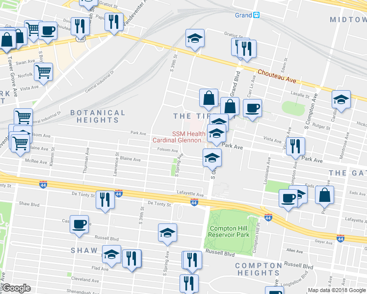 map of restaurants, bars, coffee shops, grocery stores, and more near 3679 Folsom Avenue in St. Louis