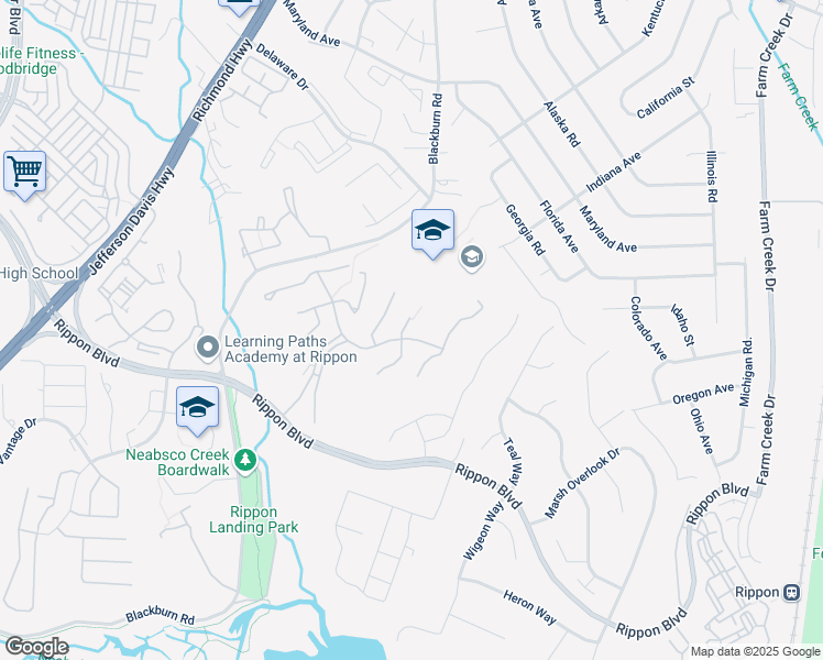 map of restaurants, bars, coffee shops, grocery stores, and more near 15293 Grist Mill Terrace in Woodbridge
