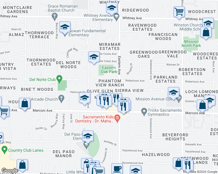 map of restaurants, bars, coffee shops, grocery stores, and more near 3022 Olive Glen Court in Sacramento