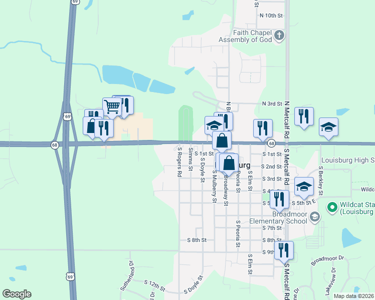 map of restaurants, bars, coffee shops, grocery stores, and more near 6 South Sims Street in Louisburg