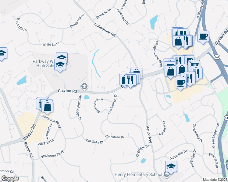map of restaurants, bars, coffee shops, grocery stores, and more near Clayton Road in Chesterfield