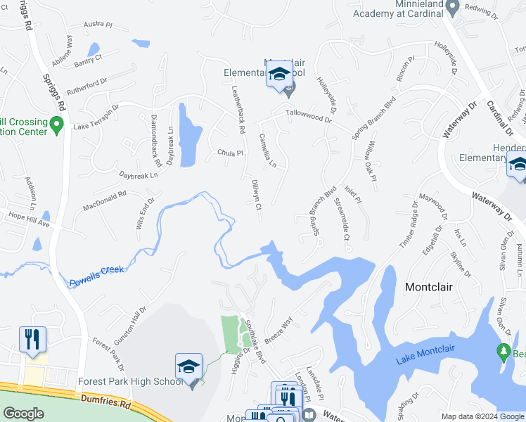 map of restaurants, bars, coffee shops, grocery stores, and more near 15333 Dillwyn Court in Woodbridge