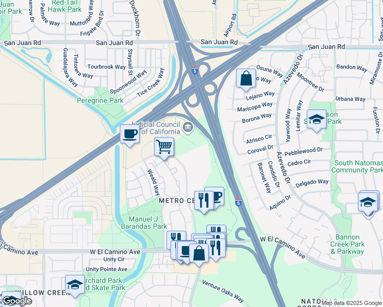map of restaurants, bars, coffee shops, grocery stores, and more near 2810 Gateway Oaks Drive in Sacramento