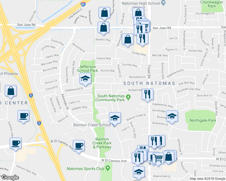 map of restaurants, bars, coffee shops, grocery stores, and more near 2960 Sagemill Way in Sacramento