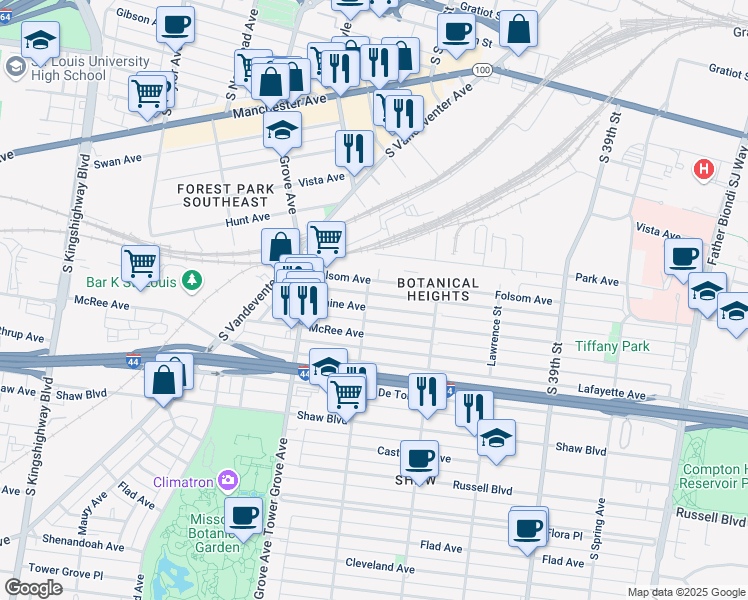 map of restaurants, bars, coffee shops, grocery stores, and more near in St. Louis