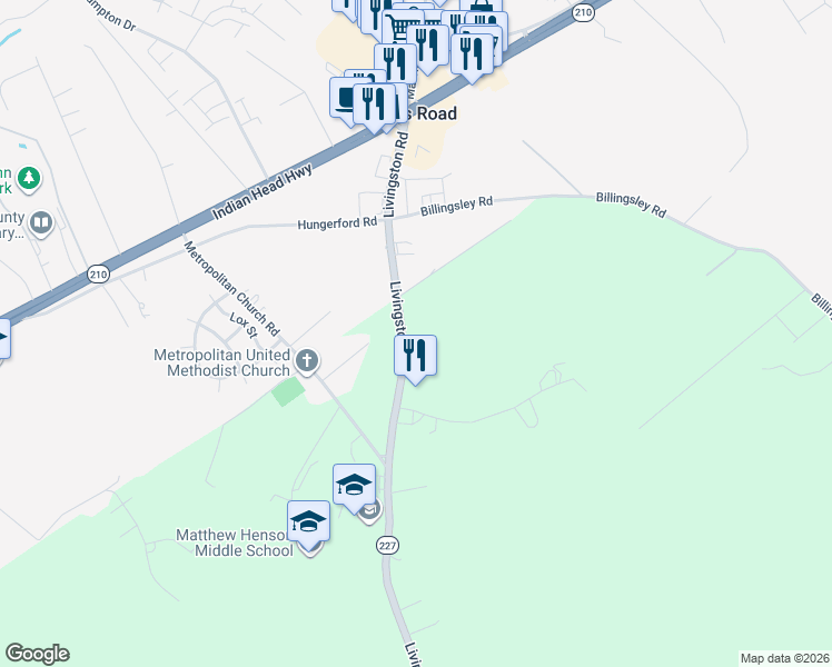 map of restaurants, bars, coffee shops, grocery stores, and more near 3270 Livingston Road in Indian Head
