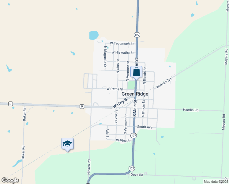 map of restaurants, bars, coffee shops, grocery stores, and more near 406 West Pettis Street in Green Ridge
