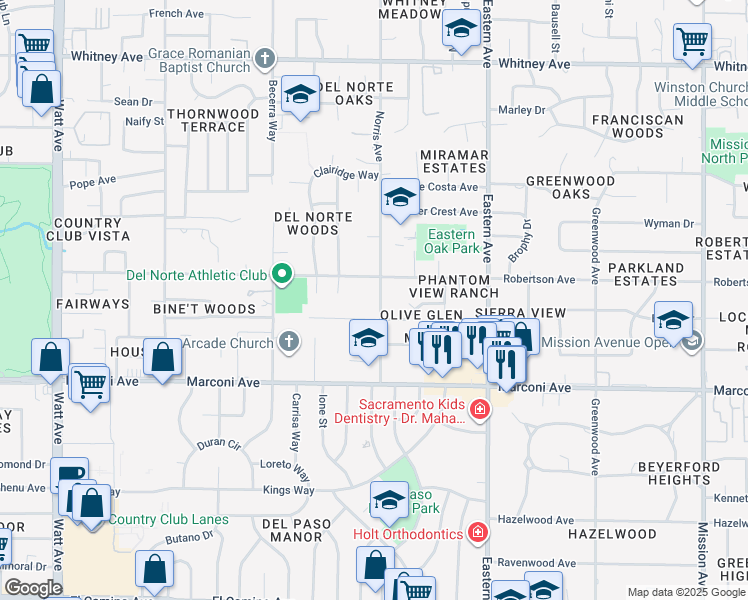 map of restaurants, bars, coffee shops, grocery stores, and more near 3019 Norris Avenue in Sacramento