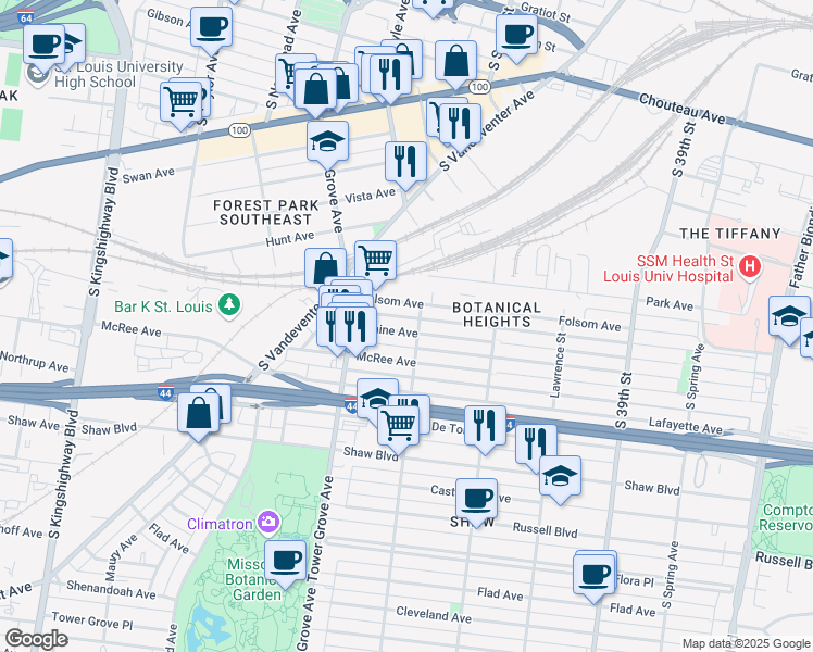 map of restaurants, bars, coffee shops, grocery stores, and more near 4211 Blaine Avenue in St. Louis