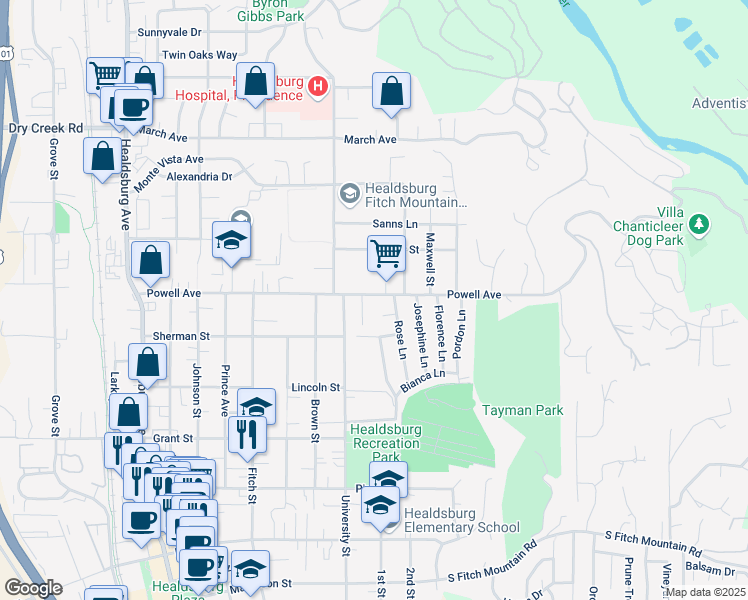 map of restaurants, bars, coffee shops, grocery stores, and more near 546 Powell Avenue in Healdsburg