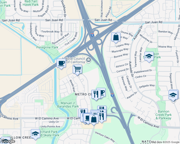 map of restaurants, bars, coffee shops, grocery stores, and more near 2810 Gateway Oaks Drive in Sacramento