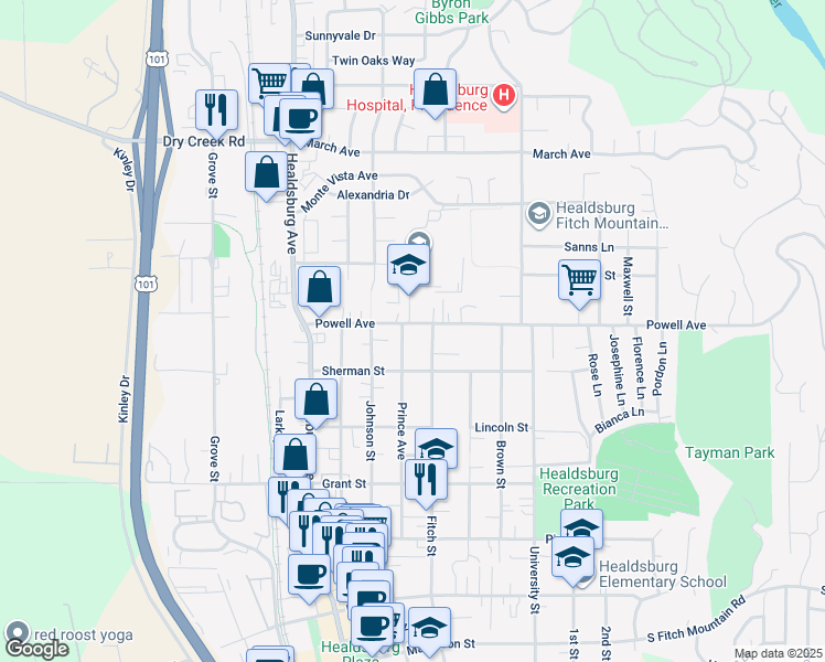map of restaurants, bars, coffee shops, grocery stores, and more near 232 Powell Avenue in Healdsburg