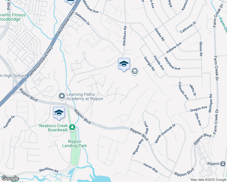 map of restaurants, bars, coffee shops, grocery stores, and more near 15298 Grist Mill Terrace in Woodbridge