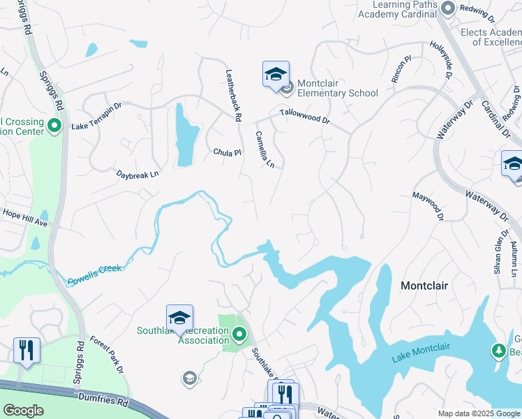 map of restaurants, bars, coffee shops, grocery stores, and more near 15333 Dillwyn Court in Woodbridge
