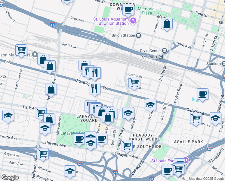 map of restaurants, bars, coffee shops, grocery stores, and more near in St. Louis
