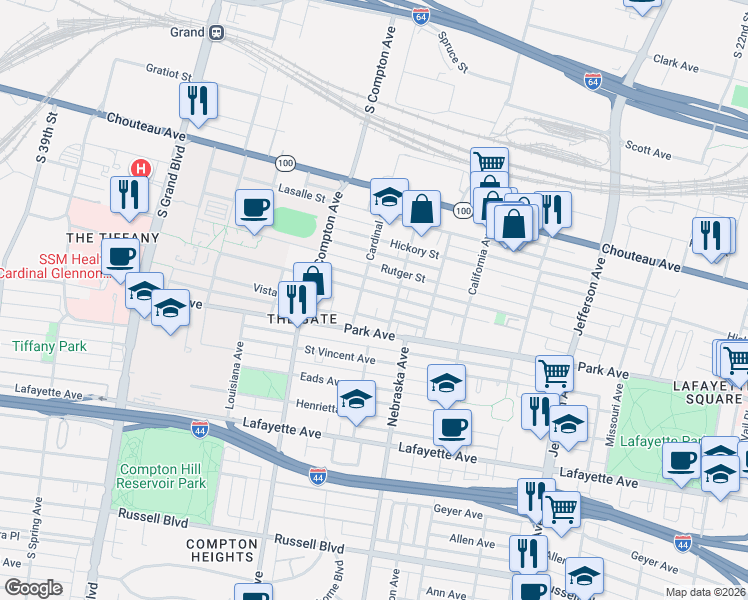 map of restaurants, bars, coffee shops, grocery stores, and more near 3014 Caroline Street in St. Louis