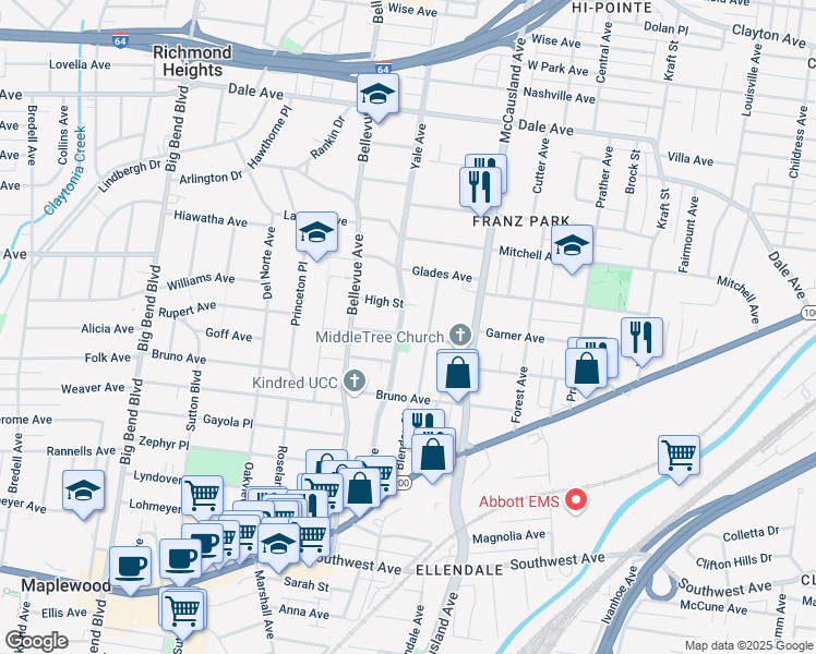 map of restaurants, bars, coffee shops, grocery stores, and more near 2045 Blendon Place in Maplewood