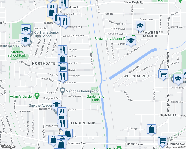 map of restaurants, bars, coffee shops, grocery stores, and more near 301 Wisconsin Avenue in Sacramento